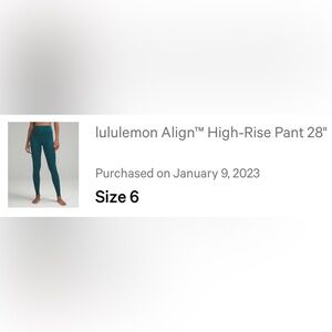 Lululemon align leggings 28” size 6 teal